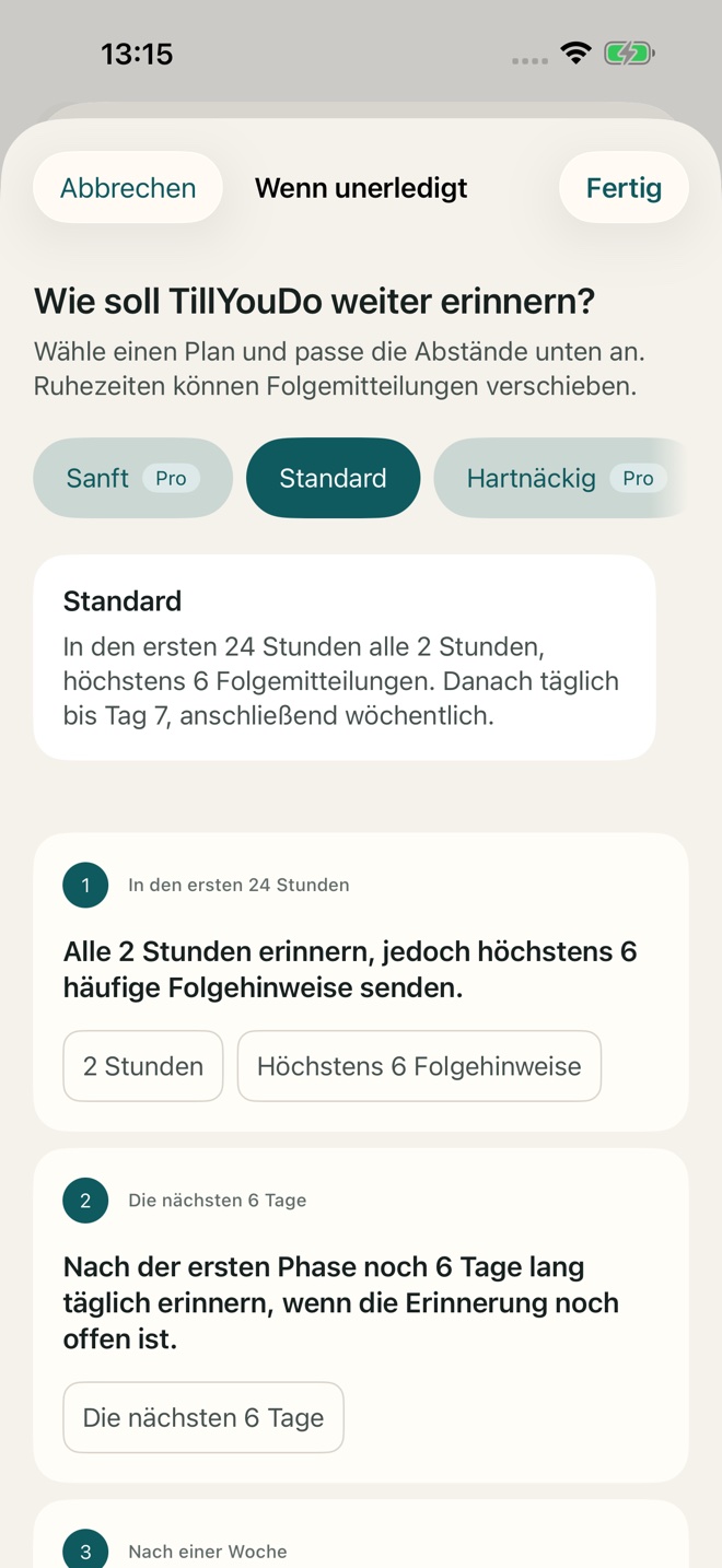 Adaptive Folgehinweise in TillYouDo einstellen.