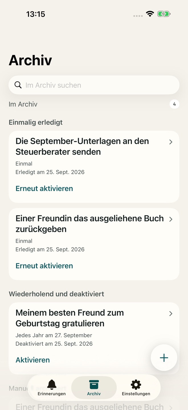Archivierte Erinnerungen zur erneuten Verwendung.
