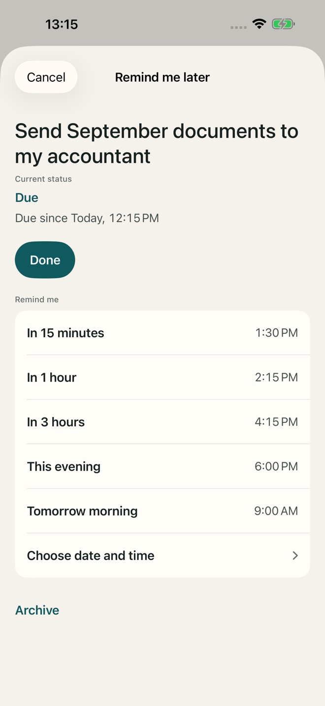 TillYouDo app example: Snooze & quick actions