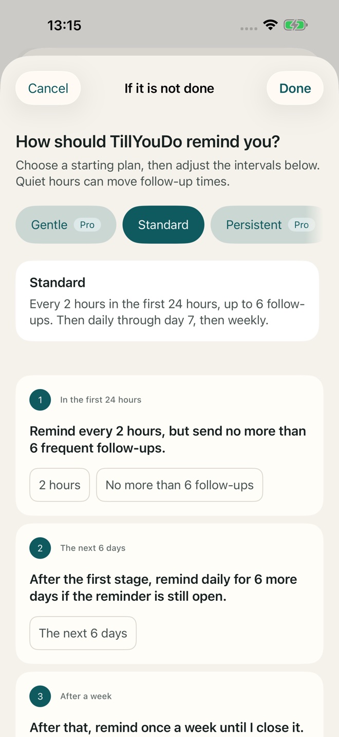 TillYouDo app example: Follow-up plans