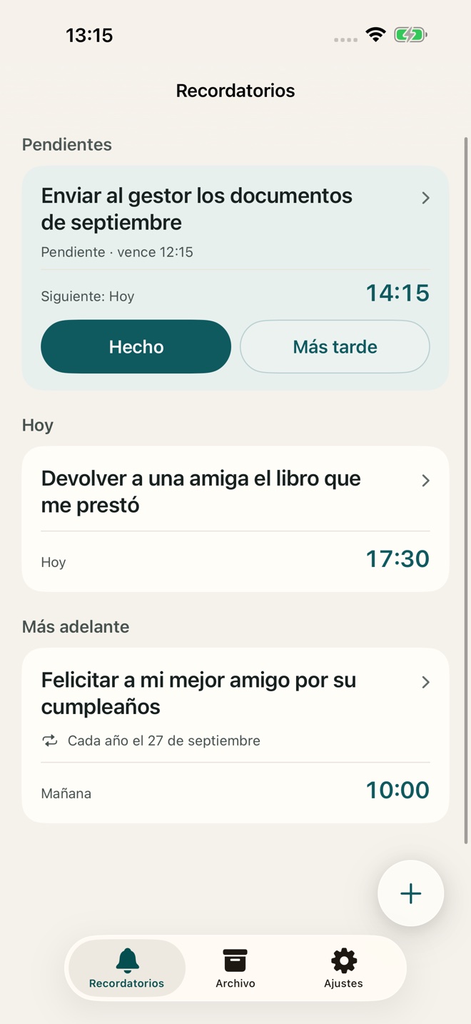 Recordatorios TillYouDo: enviar documentos, devolver un libro prestado y felicitar a un amigo por su cumpleaños.