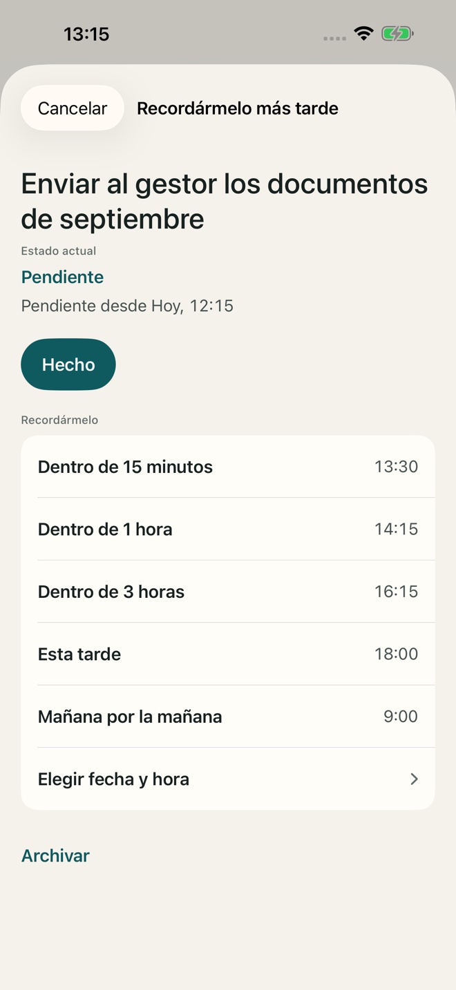 Ejemplo de la app TillYouDo: Posponer y acciones rápidas