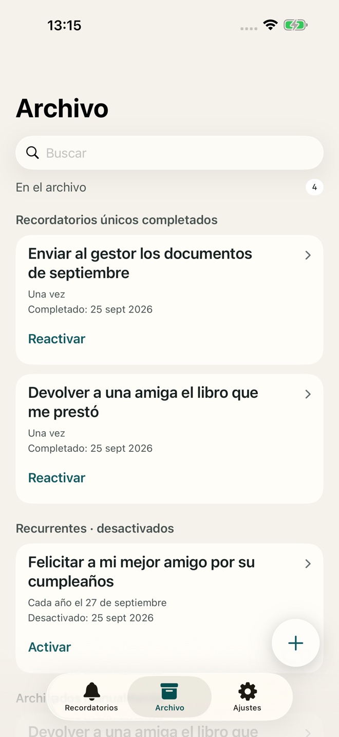 Recordatorios archivados listos para reutilizar.