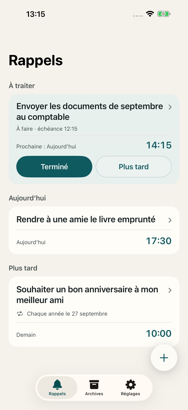 Rappels TillYouDo : envoyer les documents, rendre un livre emprunté et souhaiter un bon anniversaire à un ami.