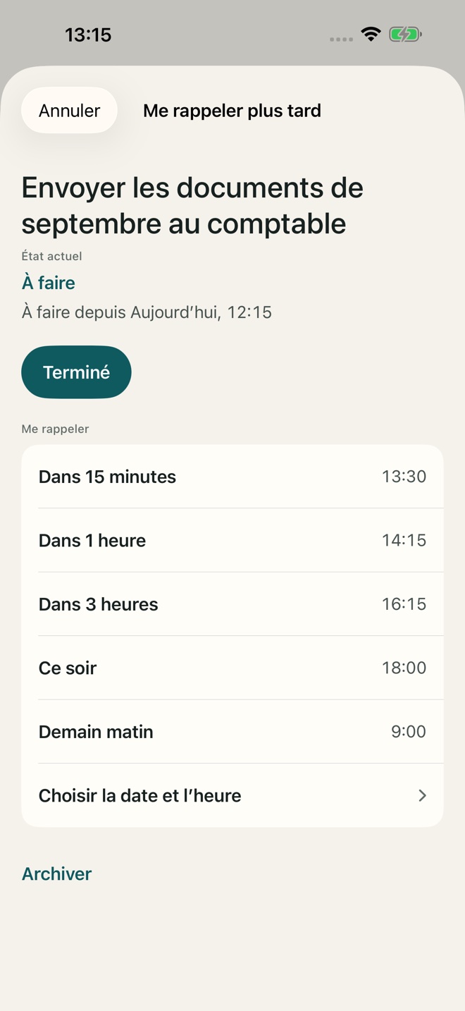 Exemple dans l’app TillYouDo : Report et actions rapides