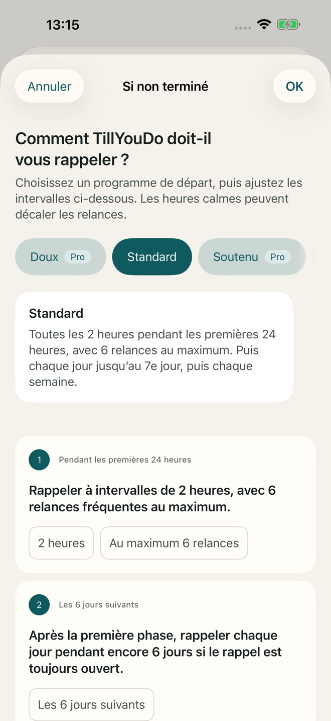 Réglages des relances adaptatives dans TillYouDo.