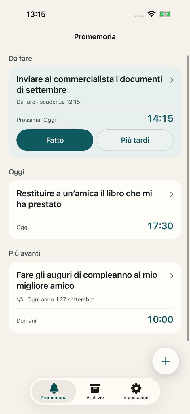 Promemoria TillYouDo: inviare i documenti, restituire un libro e fare gli auguri a un amico.