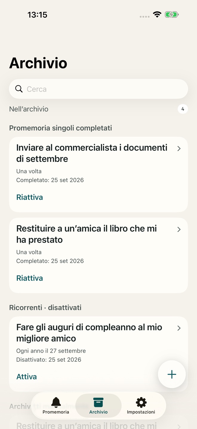 Promemoria archiviati pronti da riutilizzare.