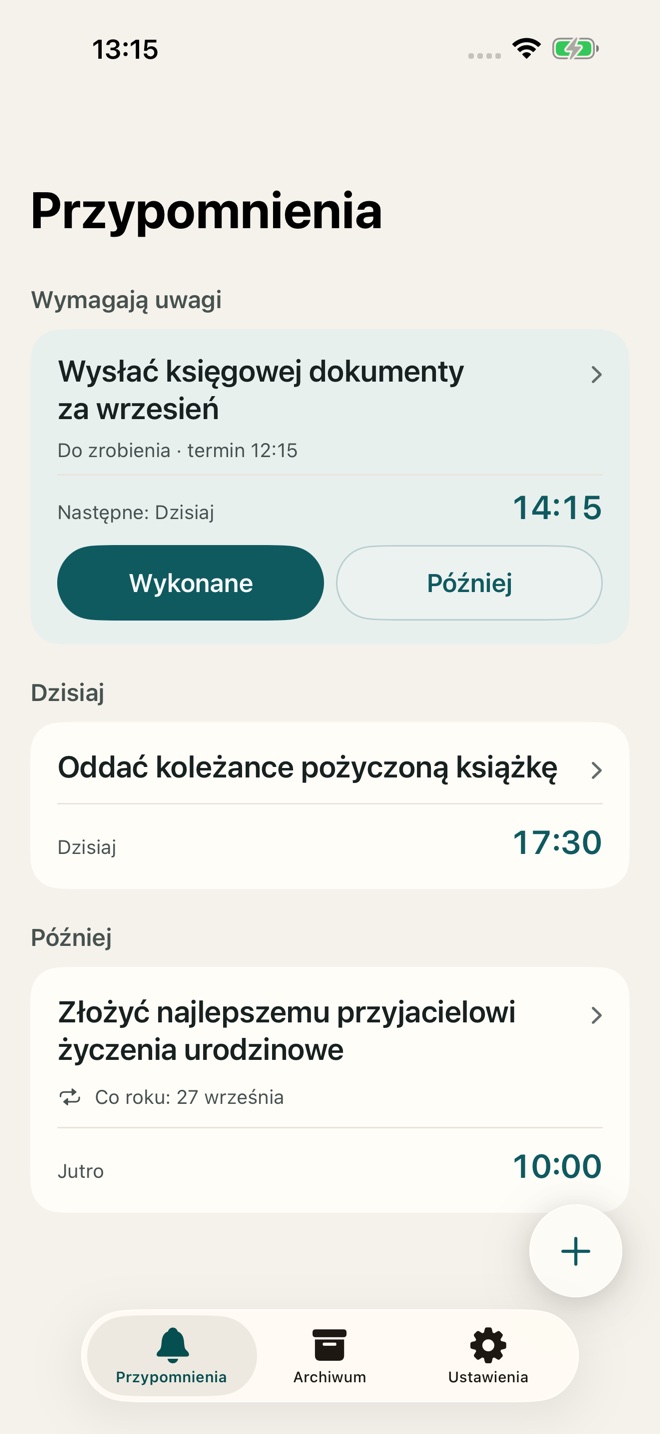 Przypomnienia TillYouDo: wysłać dokumenty, oddać pożyczoną książkę i złożyć przyjacielowi życzenia urodzinowe.