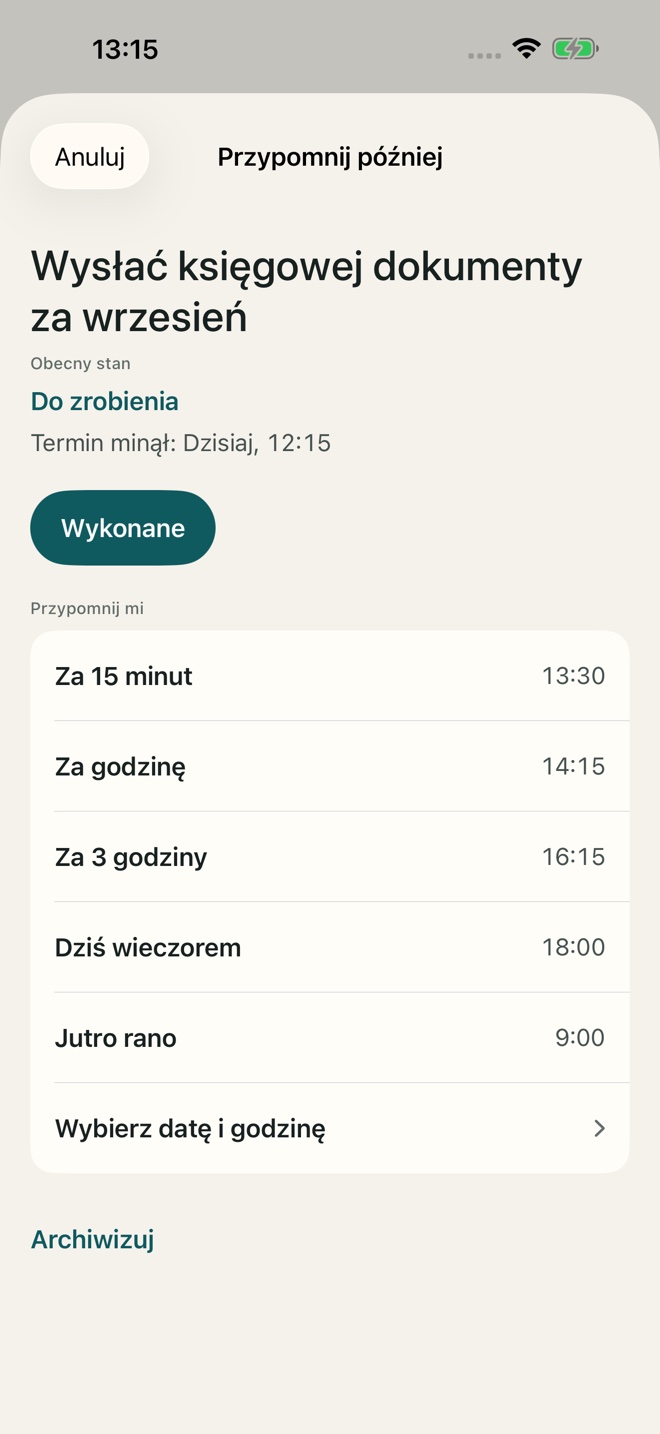 Przykład w aplikacji TillYouDo: Odkładanie i szybkie akcje