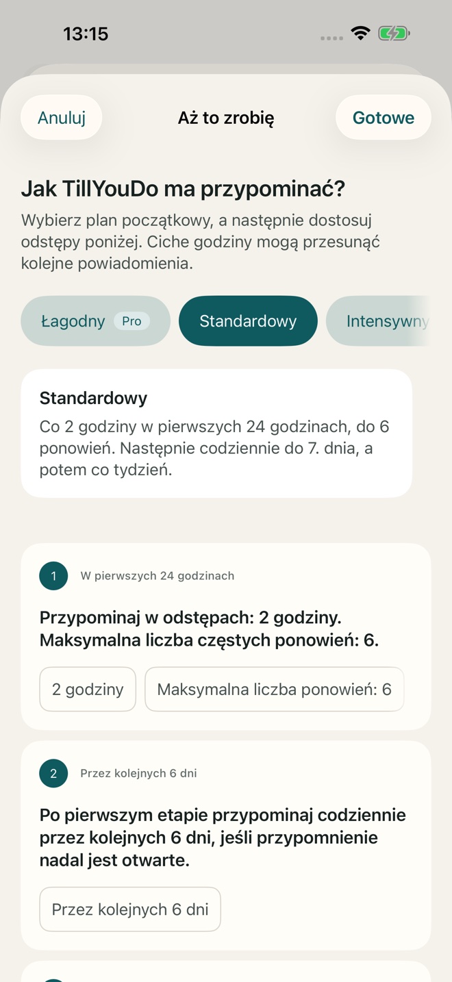 Ustawienia adaptacyjnych ponowień w TillYouDo.