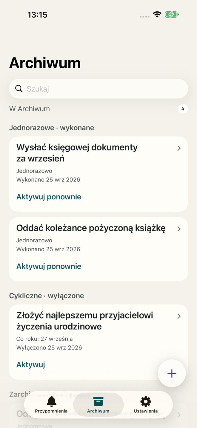 Przypomnienia w archiwum gotowe do ponownego użycia.