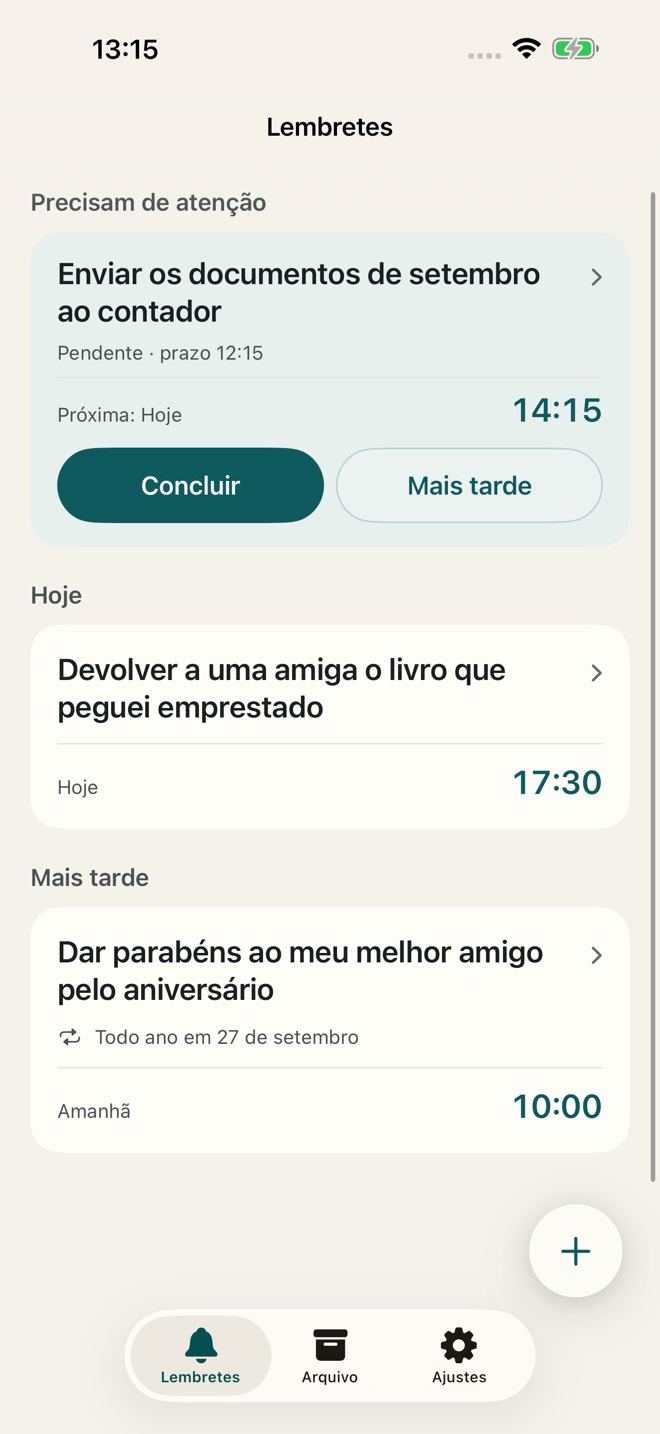 Lembretes no TillYouDo: enviar documentos, devolver um livro emprestado e desejar feliz aniversário a um amigo.