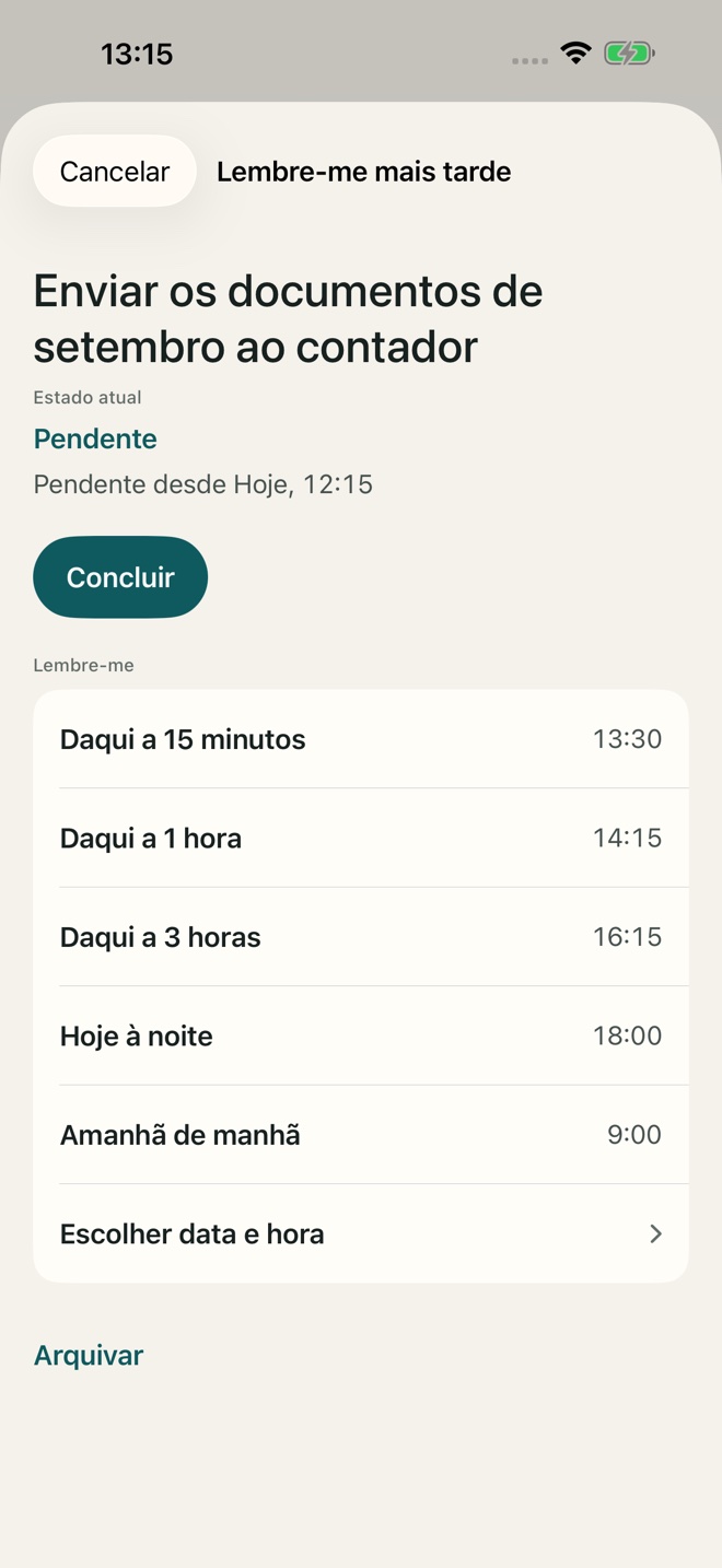 Exemplo no app TillYouDo: Adiar e ações rápidas