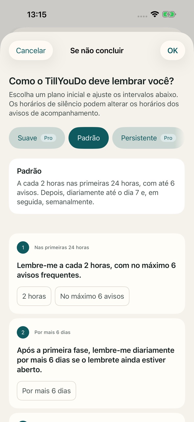 Ajustes de reavisos adaptativos no TillYouDo.