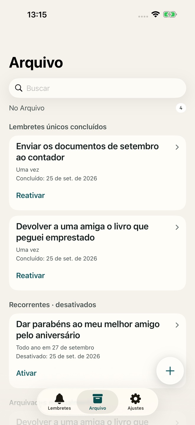 Lembretes arquivados prontos para reutilizar.
