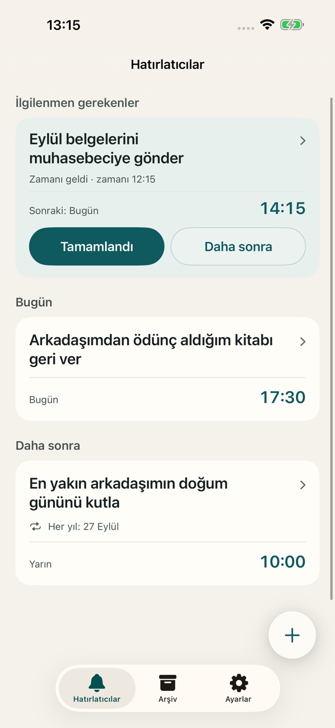 TillYouDo hatırlatıcıları: belgeleri göndermek, ödünç kitabı iade etmek ve bir arkadaşın doğum gününü kutlamak.