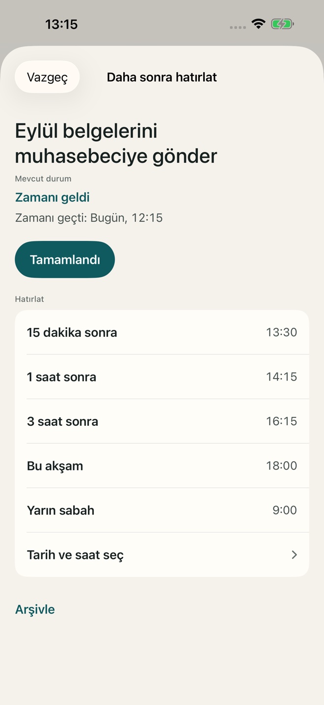 TillYouDo uygulama örneği: Erteleme ve hızlı işlemler