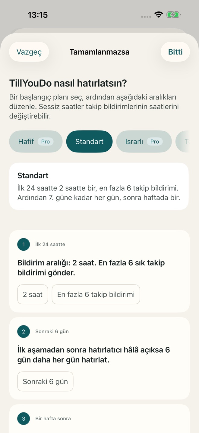 TillYouDo’da uyarlanabilir takip ayarları.